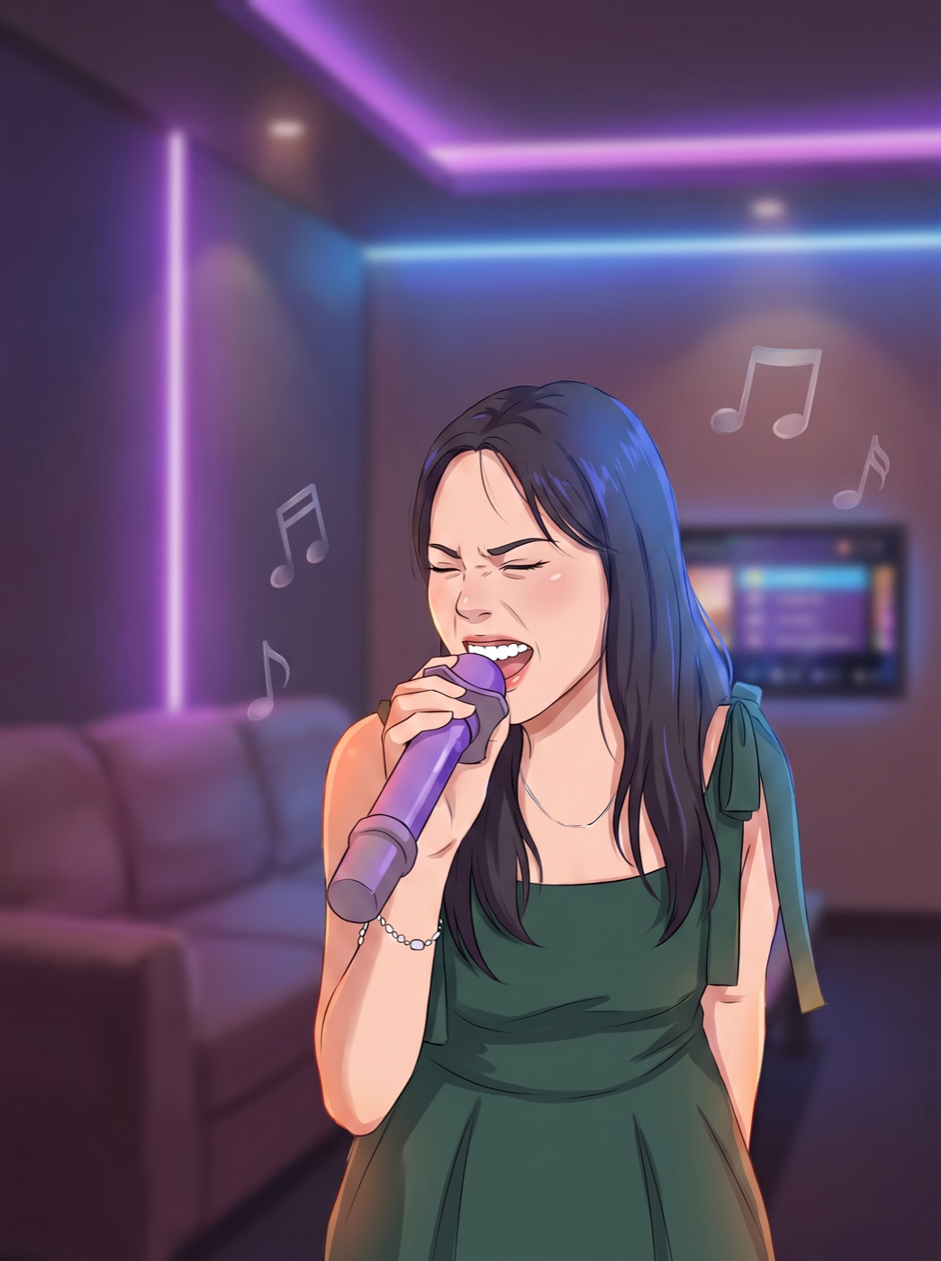 在 KTV 手持麦克风唱歌的漫画照片