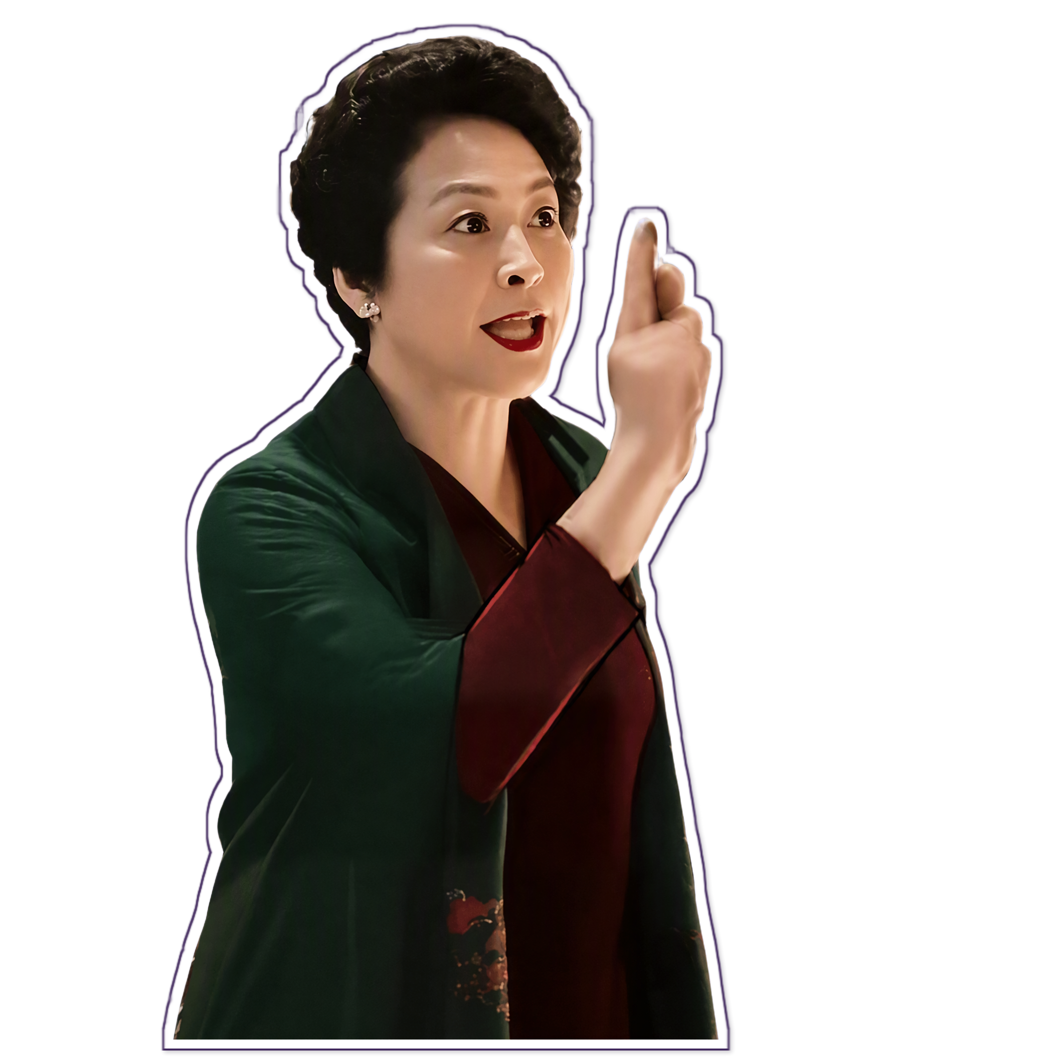 甄珠女士指着前方的表情包贴纸